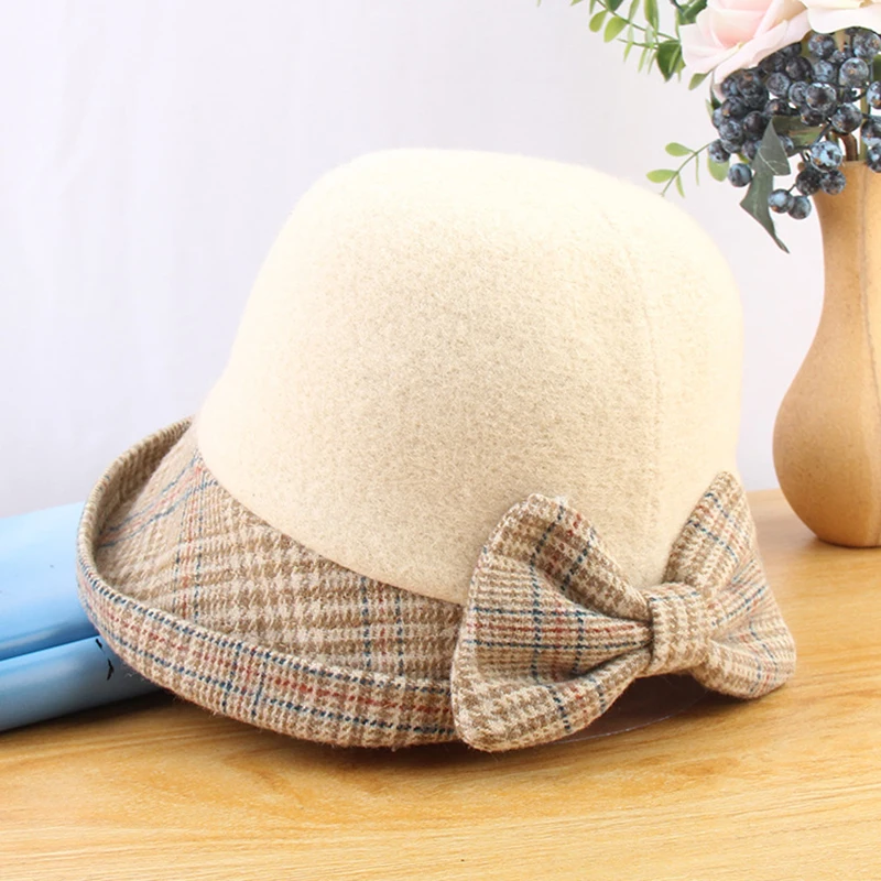 

Vintag Fedora Hat For Women Temperament Elegant Church Autumn Winter Women's Bow Hat Wool High Quality Top Hat Wedding LM85