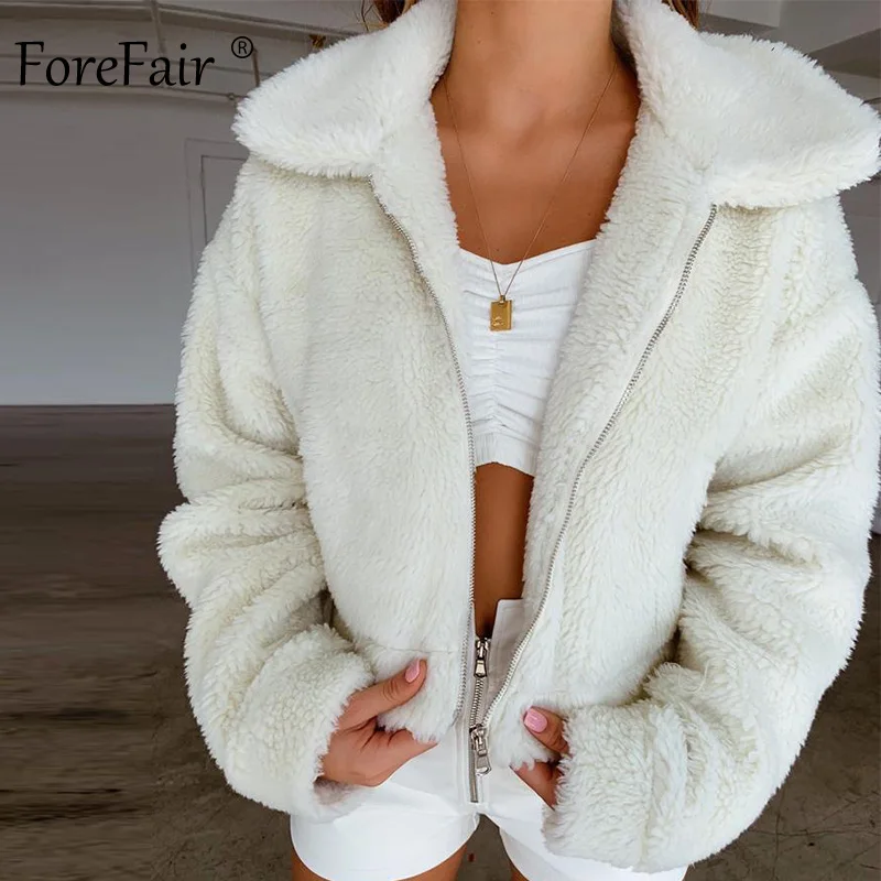 Forefair, зимняя короткая куртка из искусственного меха, пальто для женщин, большие размеры, повседневные Карманы, теплый натуральный искусственный мех, плюшевый мишка, куртка-бомбер для женщин