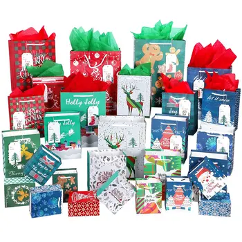 

28pcs Christmas Gift Bags Treat Bags Gift Wrapping Bags Candy Party Favor Goody Bags Christmas Party Supplies with Gift Tags