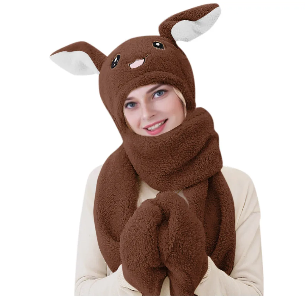women Cute 3 IN 1 Hat Glove Scarf Can Move Airbag Magnet Cap Plush Dance Rabbit Ear solid Hat Scarf glove Set All-matched