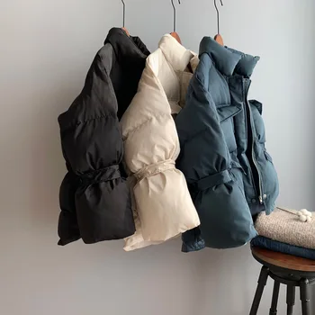 

Girl Clothing Casual Short Cotton Coat Long Sleeve Loose Plush Puffy Winter Parka Women Thick Stand Collar White Parka Jacket