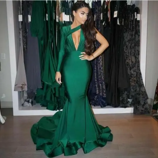 

Satin Long Green Mermaid Evening Dresses with Sleeves Floor Length Zipper Back One Shoulder Formal Party Dresses for Women