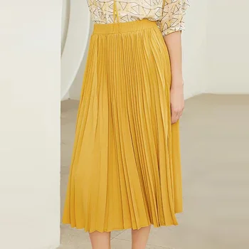 

Fall Winter Yellow Long Chiffon Skirt Office Lady England Preppy Style High Street Elastic Waist Basic Accordion Pleated Skirts