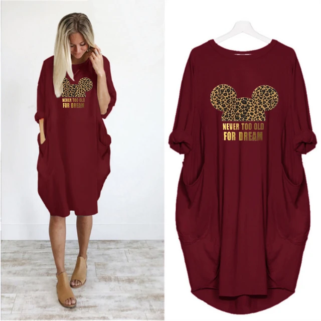 Mickey Mouse Dress for Women Casual Loose Midi Dresses Leopard Print Pocket Vintage Vestido Fall Maxi Clothes Kawaii Robe Femme D002m433 Red
