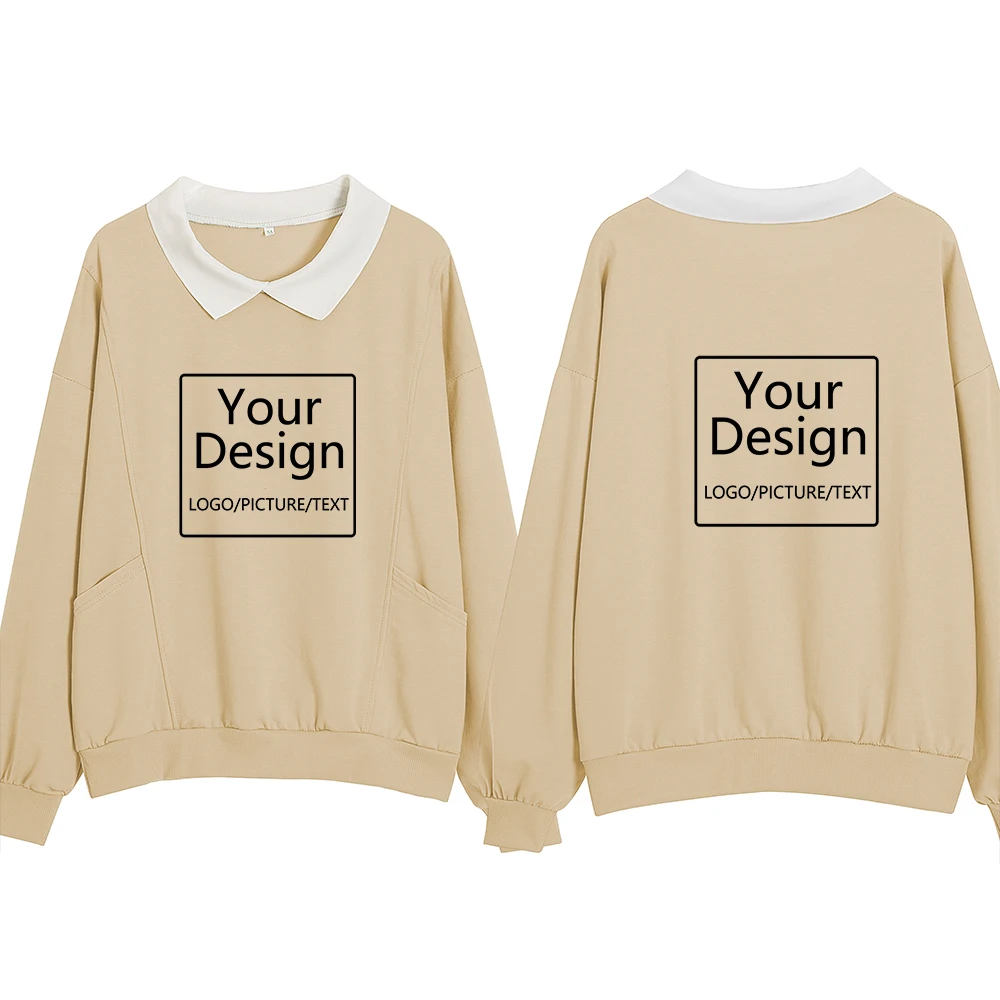 

Women Cotton Cute Turn-down Collar Long Sleeve Sweatshirts Vintage Loose DIY Custom Hoodies Logo Text Photo Print Pocket Coat