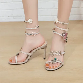 

PXELENA NEW Designer Novelty Women Crystal Snake Shaped Sandals Stiletto High Heels Cross tied Gladiator Sandals Nightclub Shoes