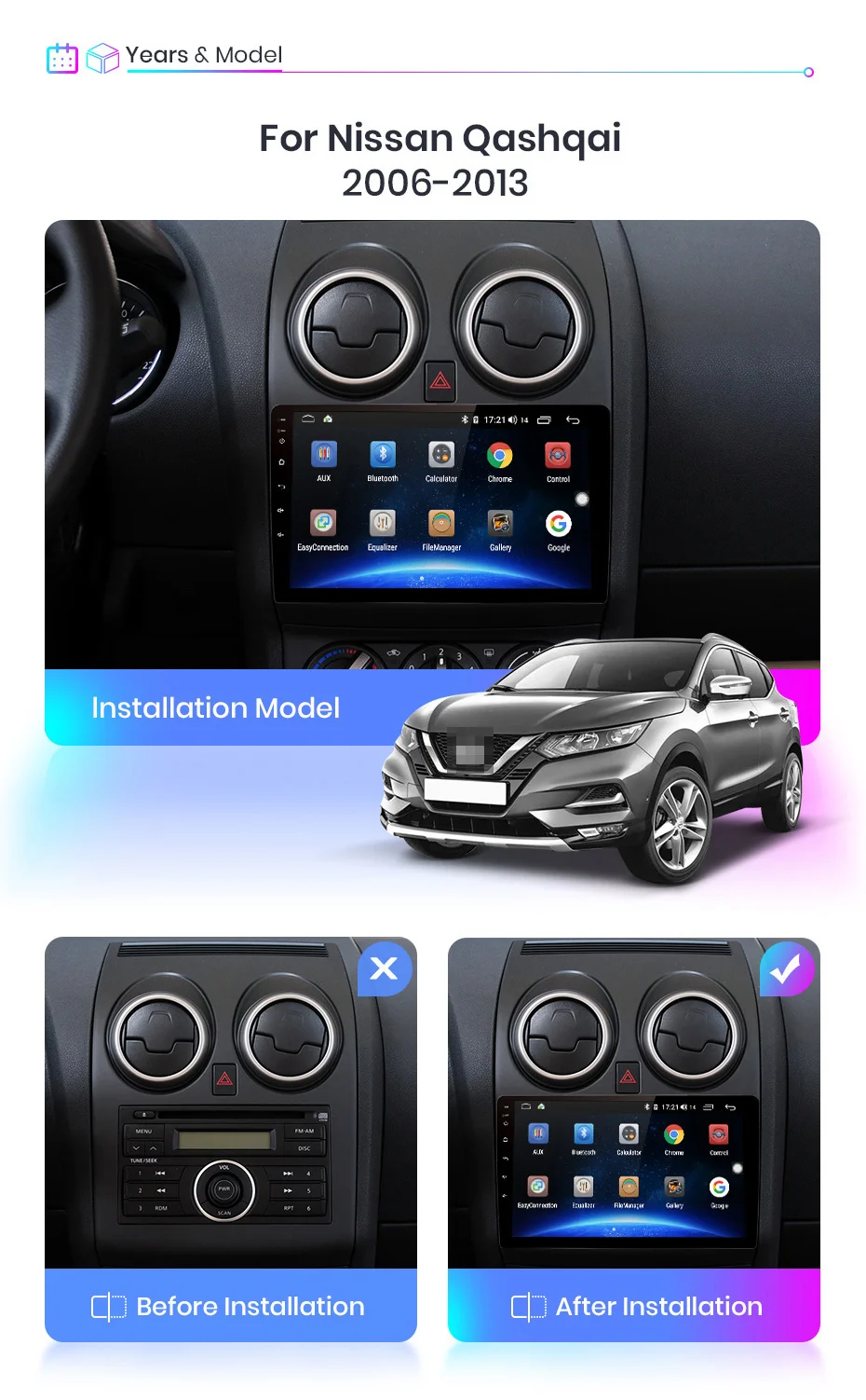 Junsun V1 Android 9.0 2GB+32GB DSP CarPlay Car Radio Multimidia Video Player GPS For Nissan Qashqai 1 J10 2006-2013 2 din dvd