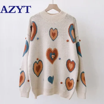 

New Ladys Knit Jumpers Female Autumn O Neck Love Embroidery Pullover Sweater Turtleneck Loose Casual Streetwear Women Sweaters