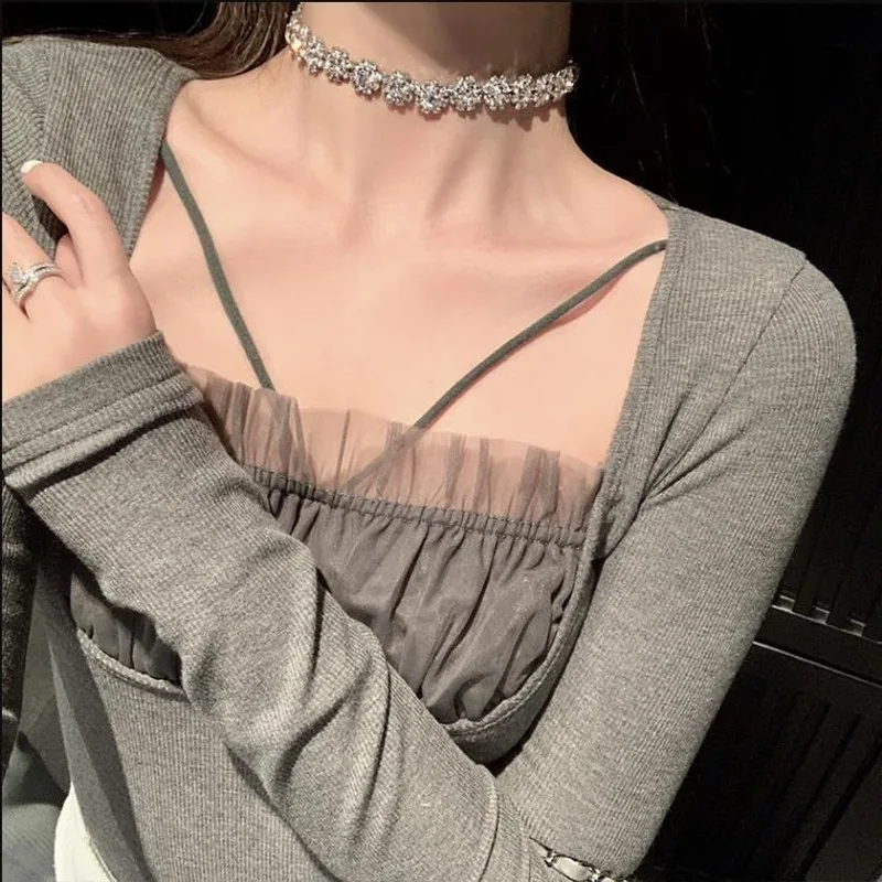 Женский кружевной вязаный свитер базовые Топы с квадратным воротником в