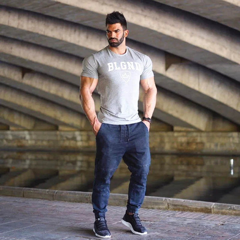 Muscle Kid Brother Fitness Short Sleeve T-shirt Men's Crew Neck Europe And America Sports Running Training Pure Cotton Shor