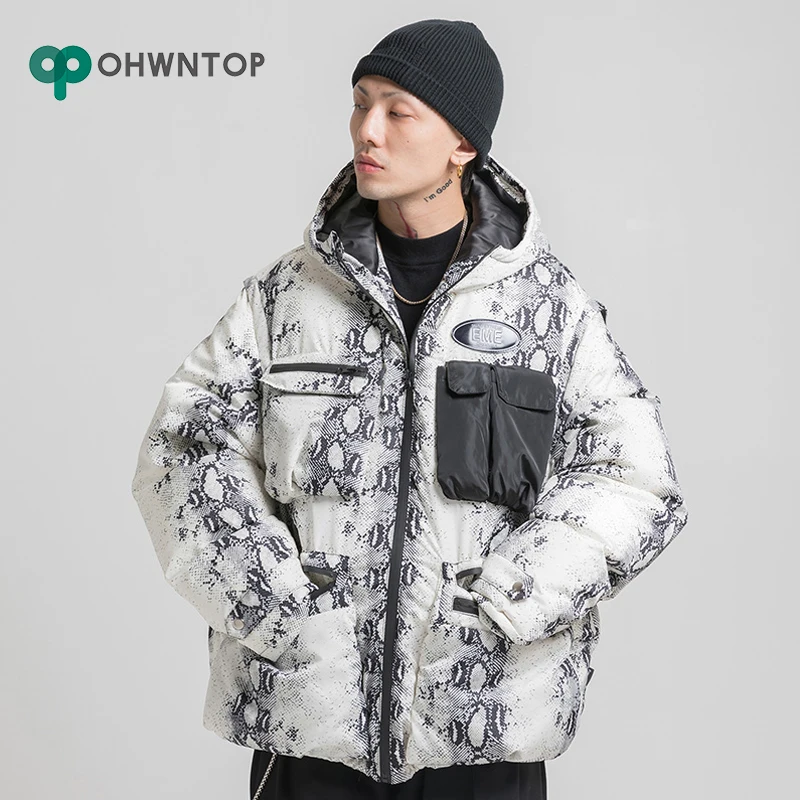 

Snakeskin Print Jacket Parka Multi Zipper Pockets Hooded Cotton Padded Parkas Men Winter Thick Warm Outwear Harajuku Windbreaker