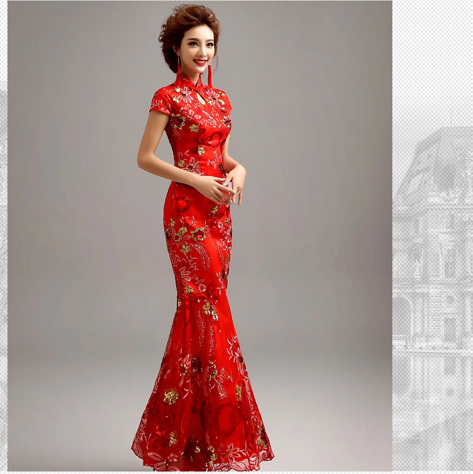 Modern Chinese Traditional Dress Qipao Red Lace Bride Vintage Cheongsam