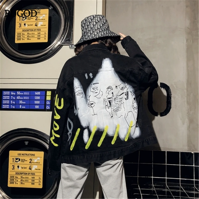 

RUGOD 2019 New Autumn Winter Women Abstract Print Denim Jacket Loose Oversize Boyfriend Style Cool Black Coat Chic Korean Jacket