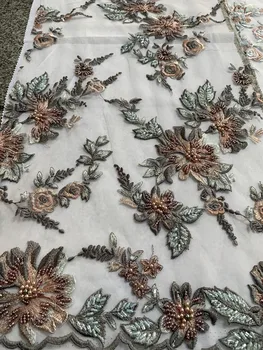 

High-end luxury applique beads embroidered French mesh high quality African lace fabric wedding / dress design fabric 5yards
