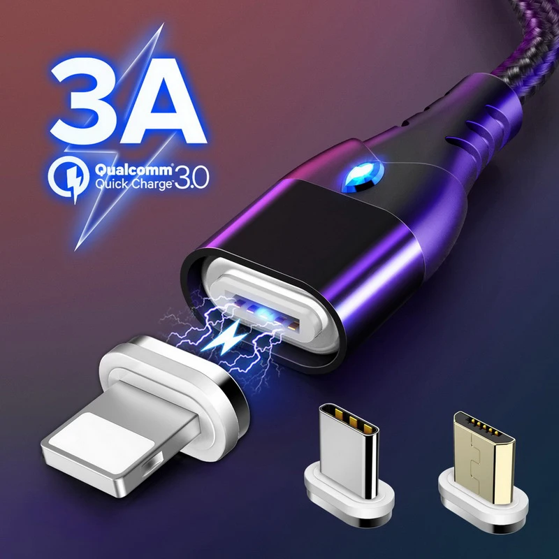 

2M Magnetic Cable Fast 3A For iPhone XS Samsung Charger Quick Charge 3.0 Micro USB Type C Magnet Phone Charging Data Cord Cable