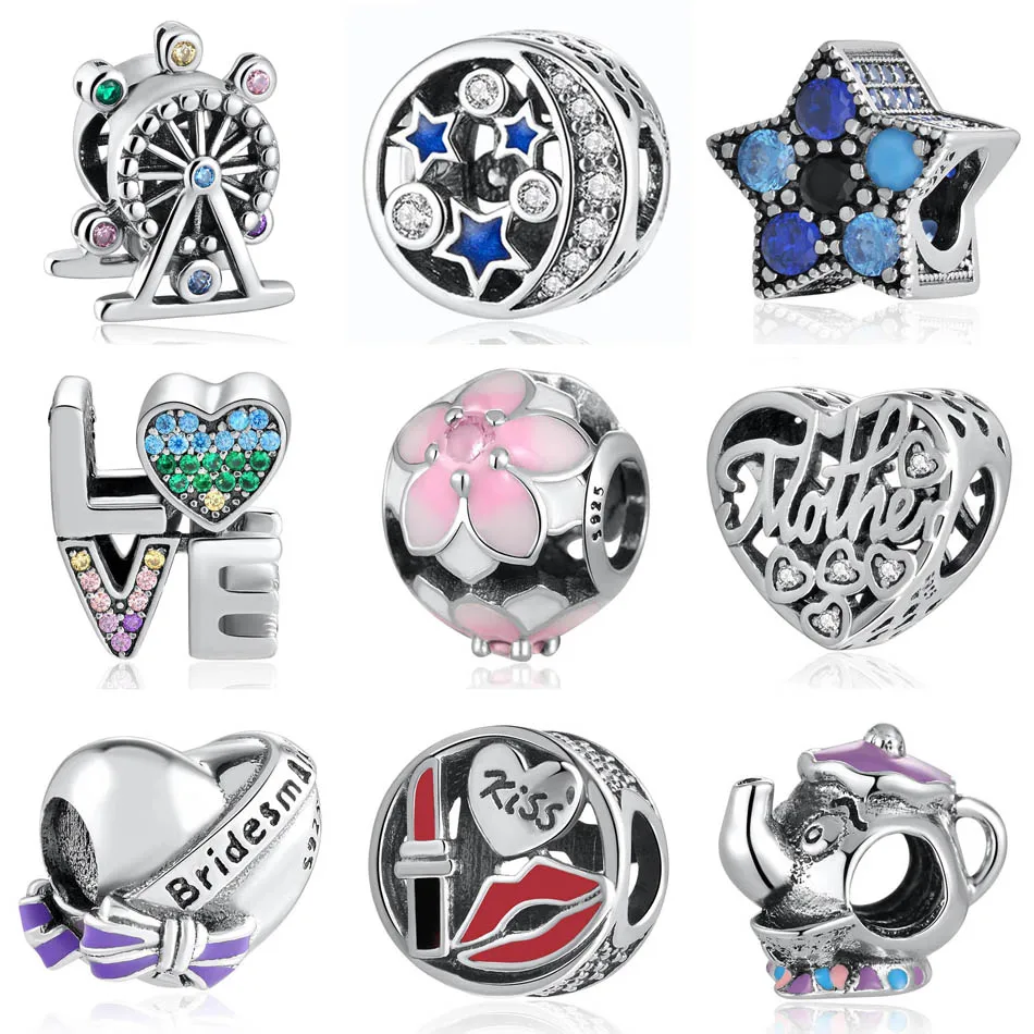 

Authentic S925 Sterling Silver Bead Potts and Chip Stars & Moon Ferris Wheel Flower Kiss Charm fit Lady Bracelets DIY Jewelry