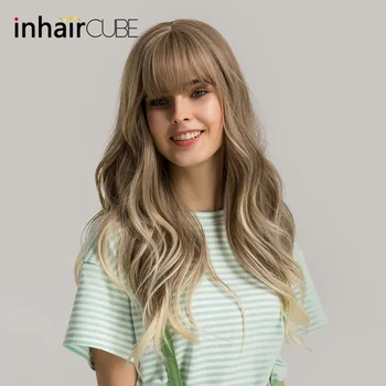 Inhaircube 24‘’Women Synthetic Wigs Long Wavy Ombre Brown Blond with Fluffy Air Bangs Light Hair Free Shipping 2