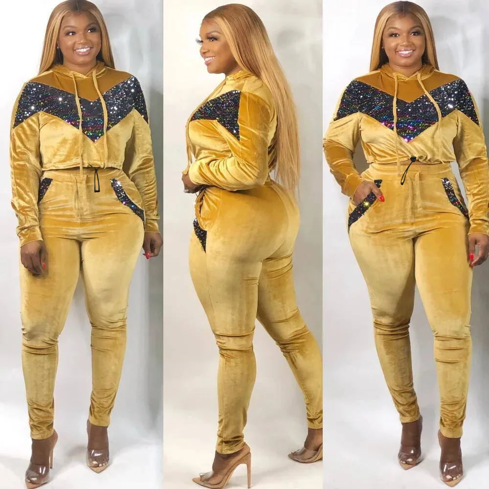 

New style African women's clothing Dashiki fashion sequins stretch fabric Hooded blazer set top + trousers size L - 4XL OMF