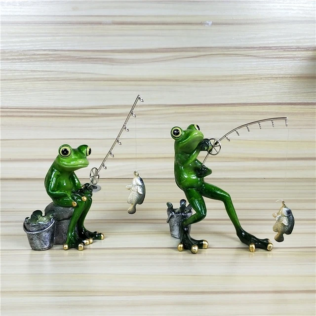 Fishing Frog Figurine Resin Frog Angler Miniature Garden Animal