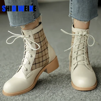 

Women's shoes autumn Winter Ankle boots Lace Up British style large thick bottom Plaid Leather Boots retro short boots AB942