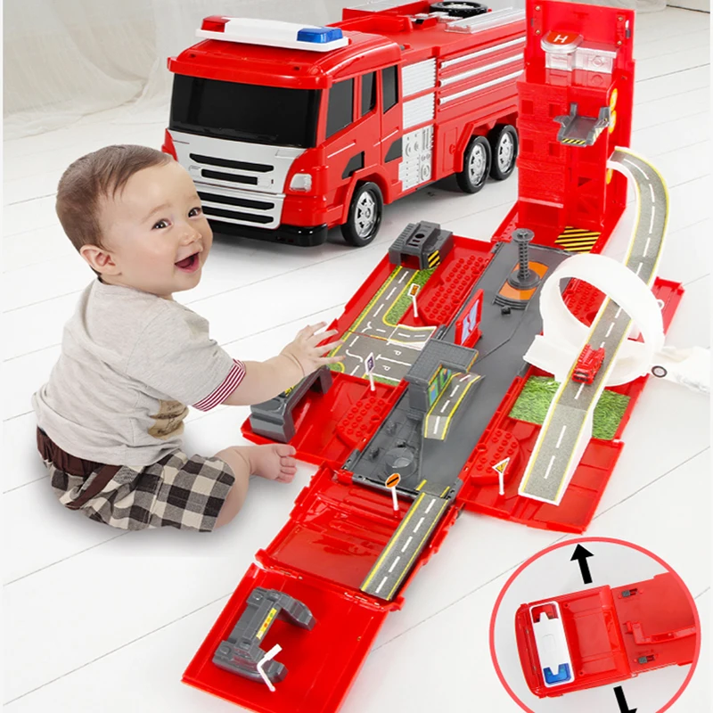 

Transformed Fir Truck Multi-Functional Parking DIY Building Car Vehicle City Track Set With Fir Truck Fire rail car parking lot.