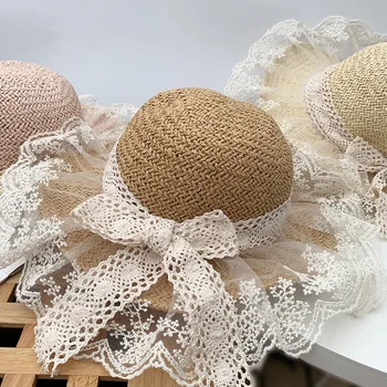 

Girls Straw Hat Lace Ribbon Straw Hat Outing Seaside College Style GIRL'S Female Baby Summer Hat Sub-1-3-Year-Old