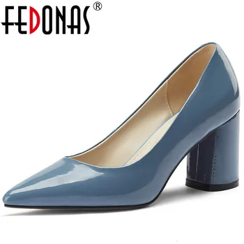 

FEDONAS Classic Design Women Point Toe Party Wedding Pumps Spring Summer Thick Heels Fashion Shoes Patent Leather Shoes Woman