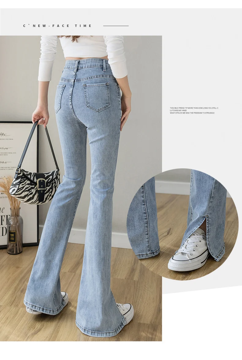 Black Jeans High-Waist Flared With Slit Design  Slimming Women Spring Fashion 90s Aesthetic Blue Denim Korean Fashion Trousers miss me jeans