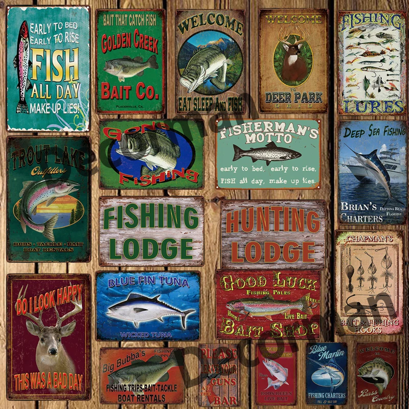 

[ DecorMan ] Fishing All DAY Metal TIN SIGN Custom Iron Painting PUB Store Decor LTA-1778