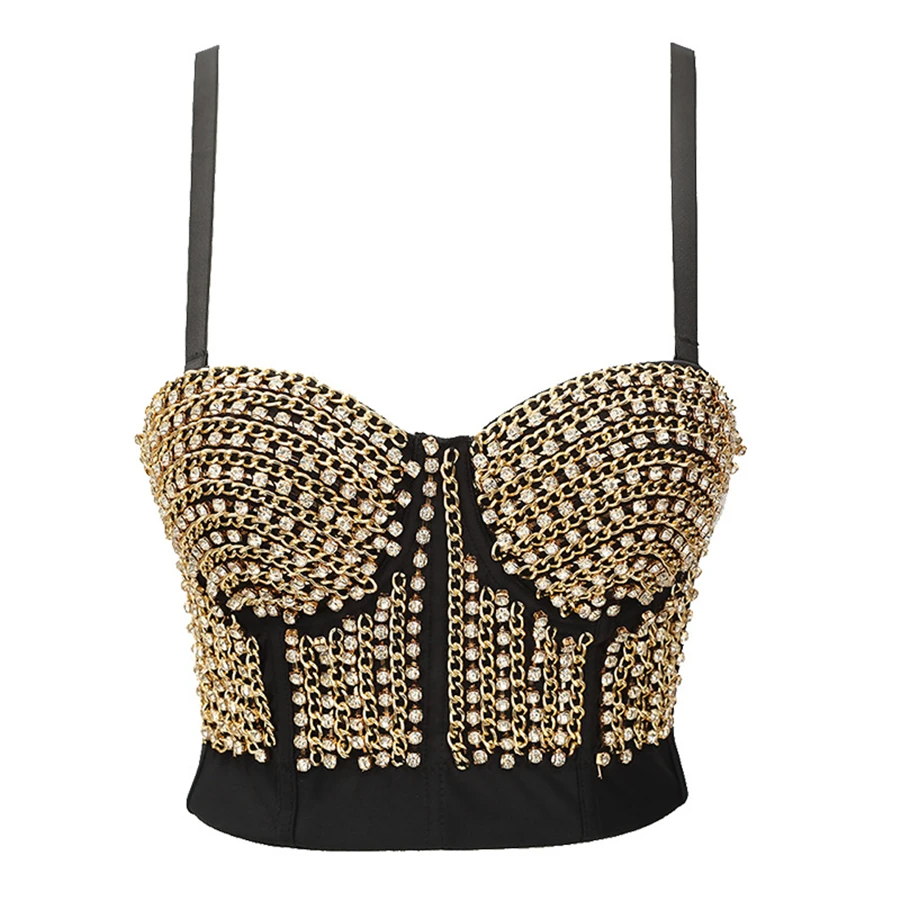 

Short Sexy Metal Chain Rhinestone Top Female Nightclub Party Crop Top Tank Top With Built In Bra Women Camis Push Up Bralette