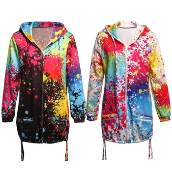 

Autumn Women Tie Dyeing Print V-Neck Jacket Hooded Colourful Pocket Zipper Loose Coat Hip Hop Casual Coat