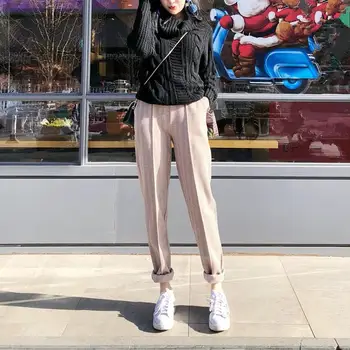 

Winter Thicken Striped Pants Women Elegant Warm Elastic Waist Woolen Pants High Female Long Pencil Trousers