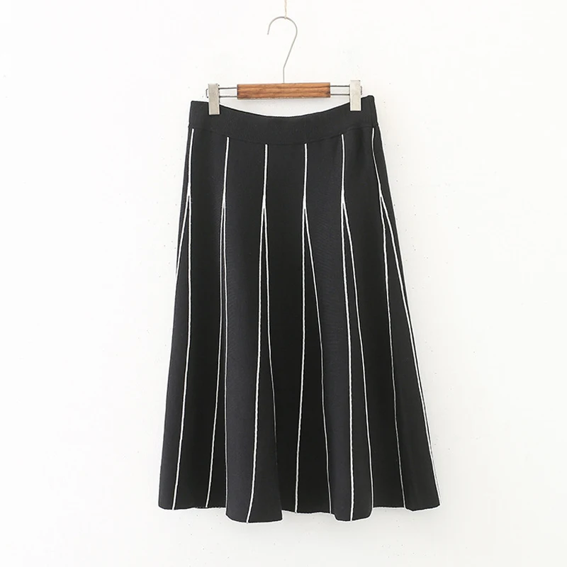 2019 New Winter Striped Pleated Knitted Contrast Color Skirts Women High Waist Long Skirt Plus Size 3XL Black Grey Vintage | Женская