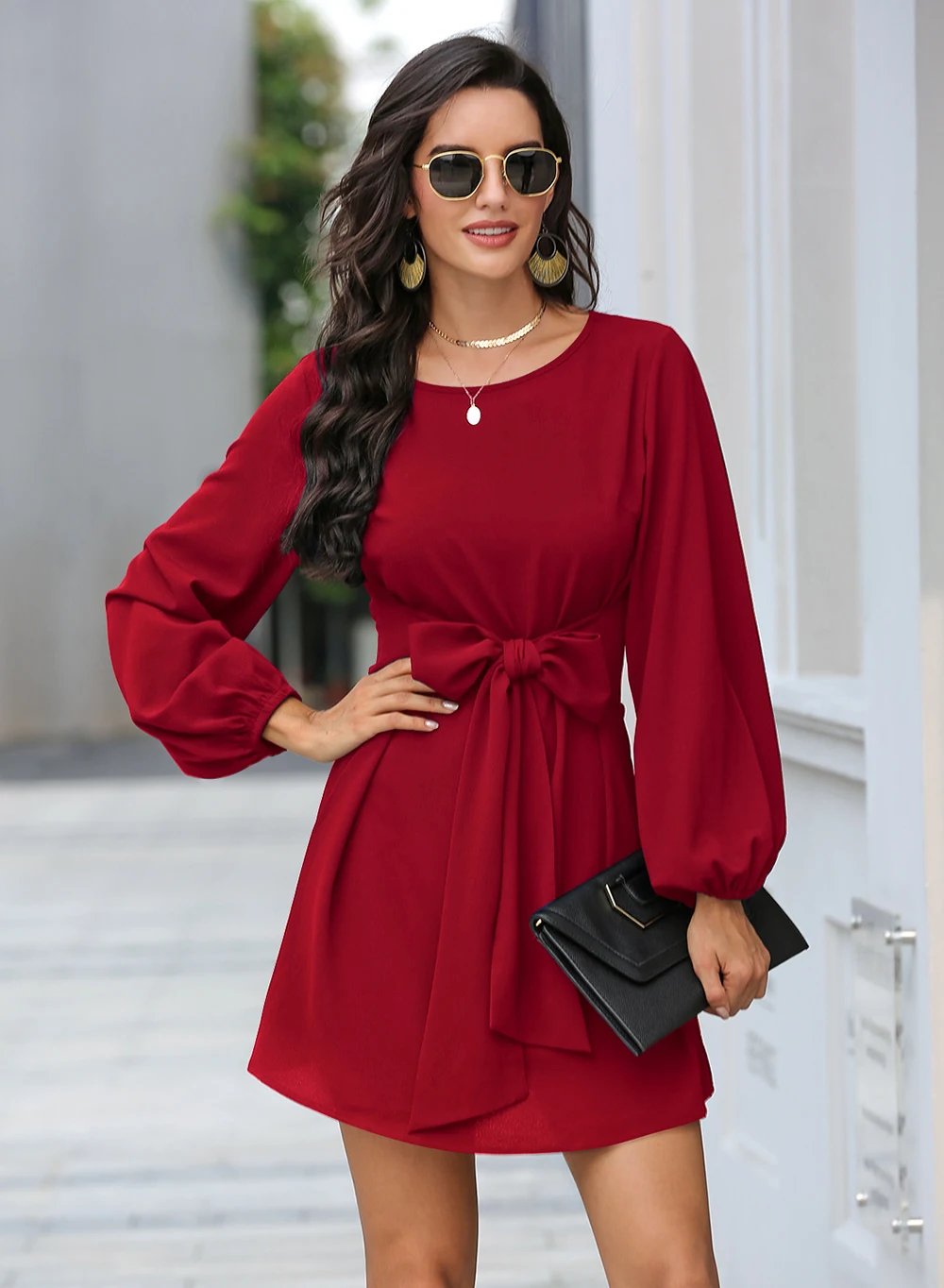 Black Lantern Sleeve Round Neck Casual Dress | Uniqistic.com