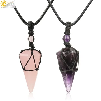 Natural Stone Cone Pendants Crystal Quartz Black Rope Wrapped Treatment Stones Necklace