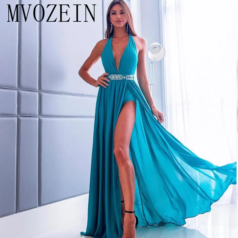 

Elegant Evening Dresses Long A-Line Sleeveelss High Split robe de soiree Floor Length Evening Dress 2019 Vestidos