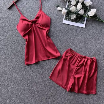 

Foply 2 Peices Sleep Lounge Pajama Set Sexy Satin Sleepwear Women Summer Sling Shorts Fashion Flower Pajamas for Women Home Wear