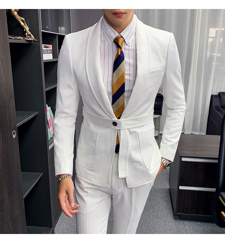 Plyesxale черный, белый цвет Мужские свадебные костюмы Стильный Slim Fit для мужчин s сценические вечерние костюмы на выпускной костюм из двух частей Homme Mariage Q892
