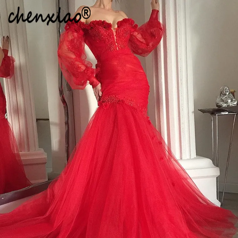 Vestidos красное вечернее платье русалки с открытыми плечами, рукава с кружевной аппликацией, Длинные вечерние платья, вечерние платья