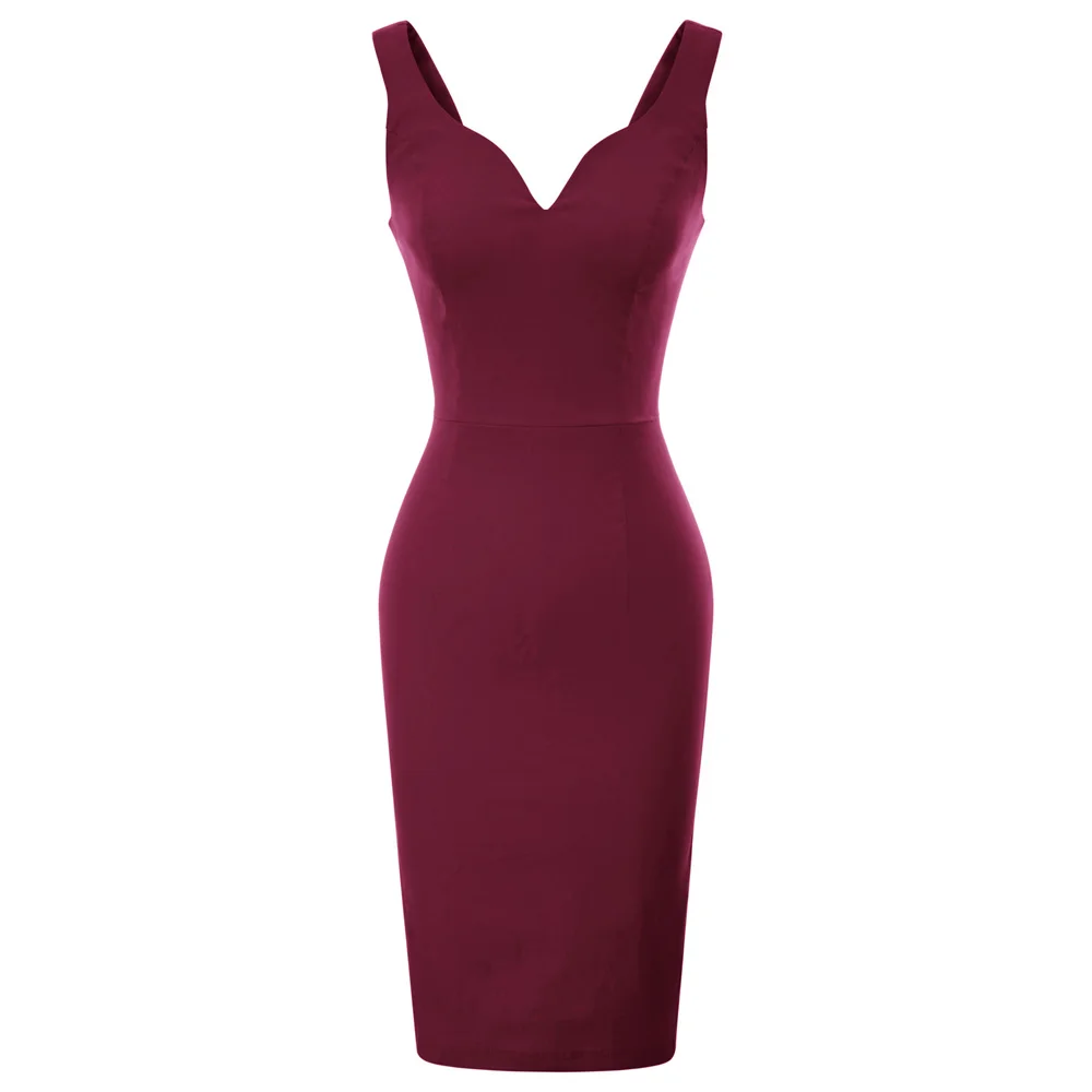 Женское платье без рукавов однотонное облегающее с v образным вырезом и бедрами
