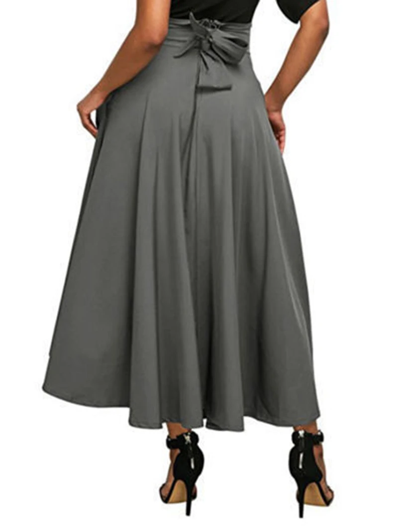 Long Skirt Women 2020 Fashion Waist Tie Solid Summer Skirts for Women Elegant Party Pleated Ladies Female A-line Skirts  (3)