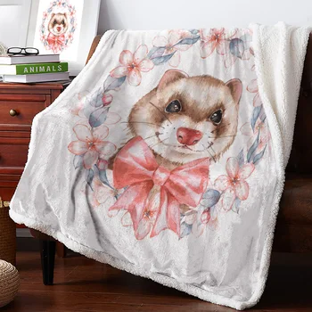 

Ferret Wreath Watercolor Painting Throw Blanket Bedspread Warm Fleece Blankets And Throws Christmas Gift Blankets For Beds