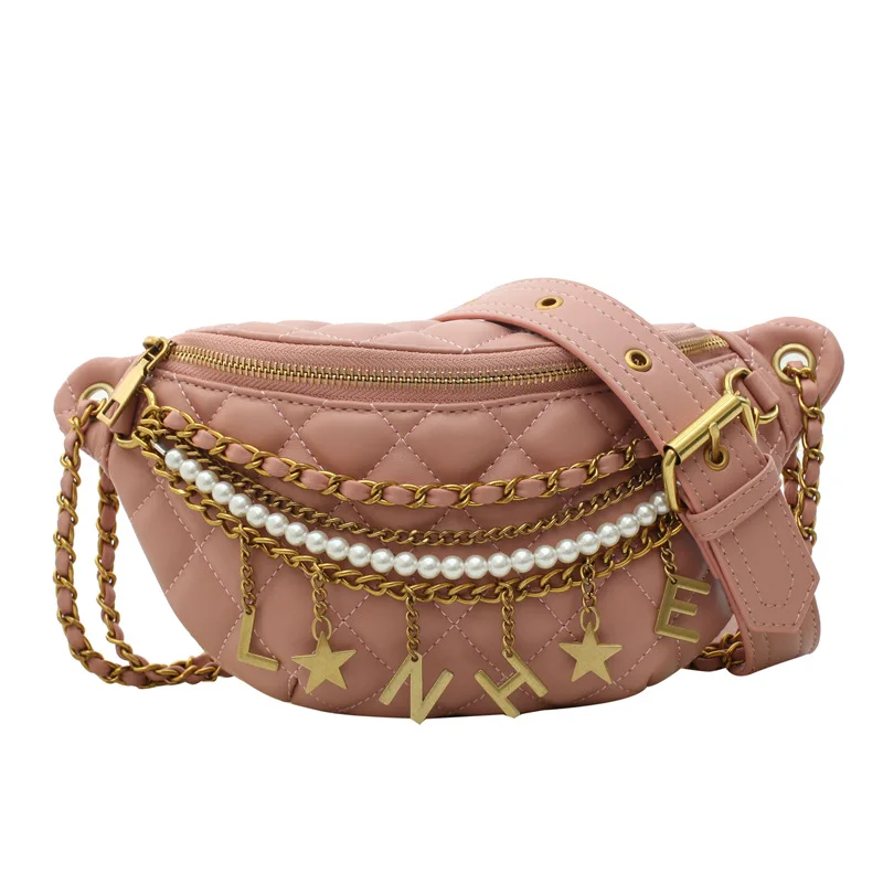Женская поясная сумка на пояс, маленькая Женская поясная сумка Ins, новая вместительная сумка на плечо с цепочкой из дикого жемчуга, диагональная нагрудная поясная сумка - Цвет: Pink