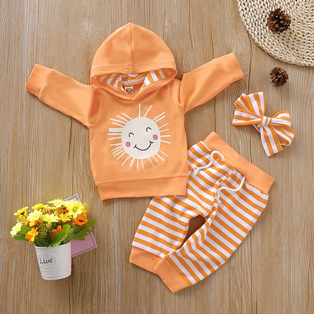 Одежда в оранжевую полоску для маленьких девочек, спортивный костюм свитер с капюшоном и принтом+ леггинсы+ набор с головной повязкой для детей 0-2 лет, D30 - Цвет: Оранжевый