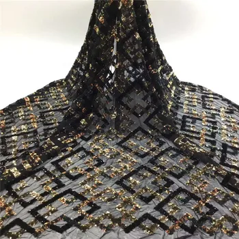 

Gold + Black Sequined Lace Fabric With 2020 Velvet fabric Embroidery French laces fabrics high quality Black tulle french