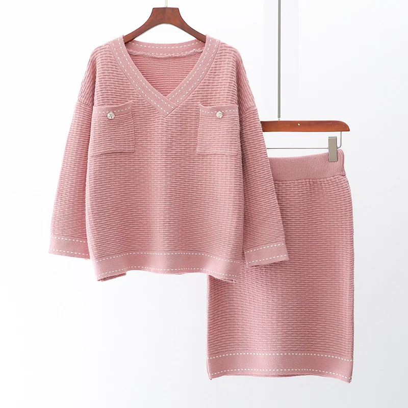

GUUZYUVIZ Women Two Piece Outfits Loose Pullover V-neck Knitted Sweater Women And Skirts Autumn Winter 2019
