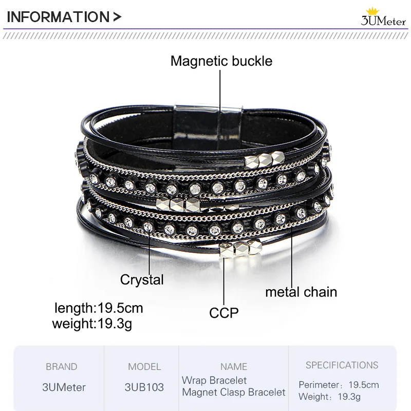 Fashion Black Multiple Layer Leather Bracelet Metal Bead Wrap Bracelets Magnetic Clasp Charm Bangle Jewelry For Women Femme
