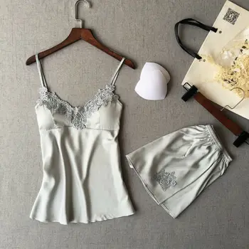 

2020 New Fashion Women Sleepwear 2pcs Womens Sexy Satin Lace Sleepwear Babydoll Lingerie Nightdress Pajamas Set