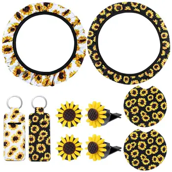 

10PCS Sunflower Auto Steering Wheel Covers Keyrings Car Cup Holder Coaster Vent Clips Rubber Soft For Auto Interior Decoration