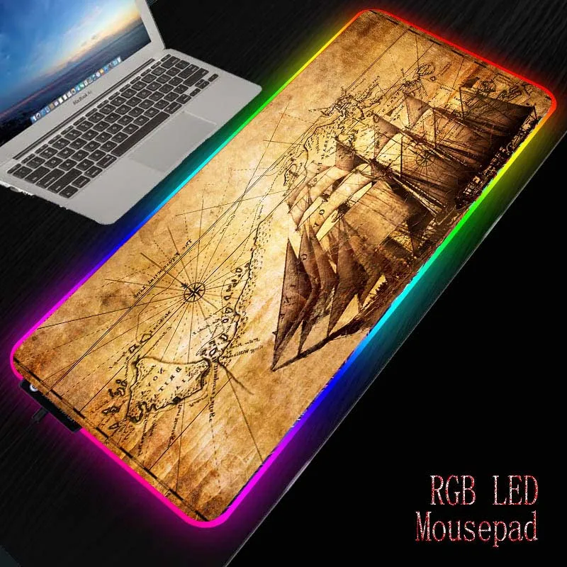 Игровой коврик для мыши Mairuige с изображением карты мира на паруснике RGB подсветкой